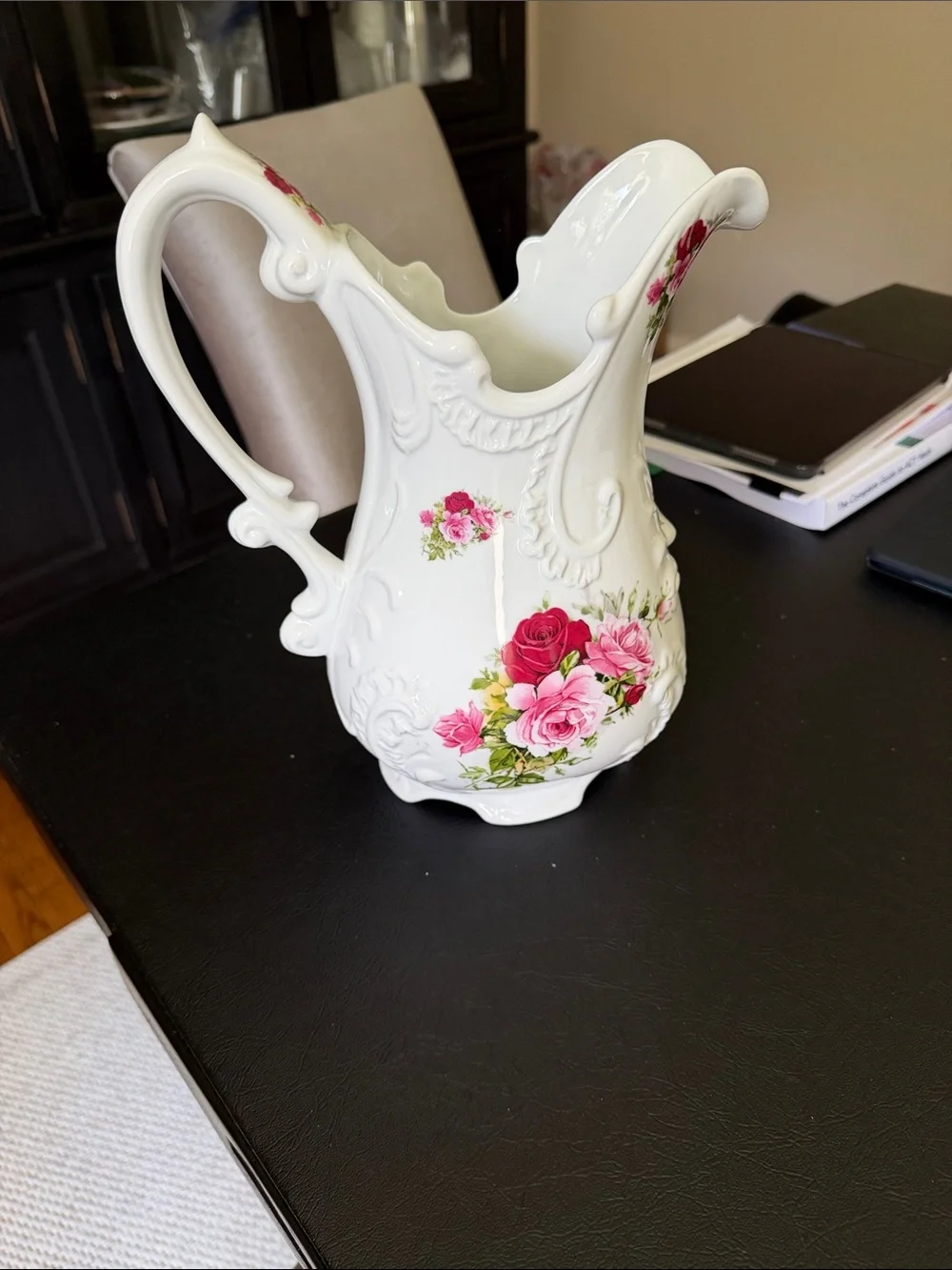 Classic White Ceramic Pitcher with Pink Rose Motif